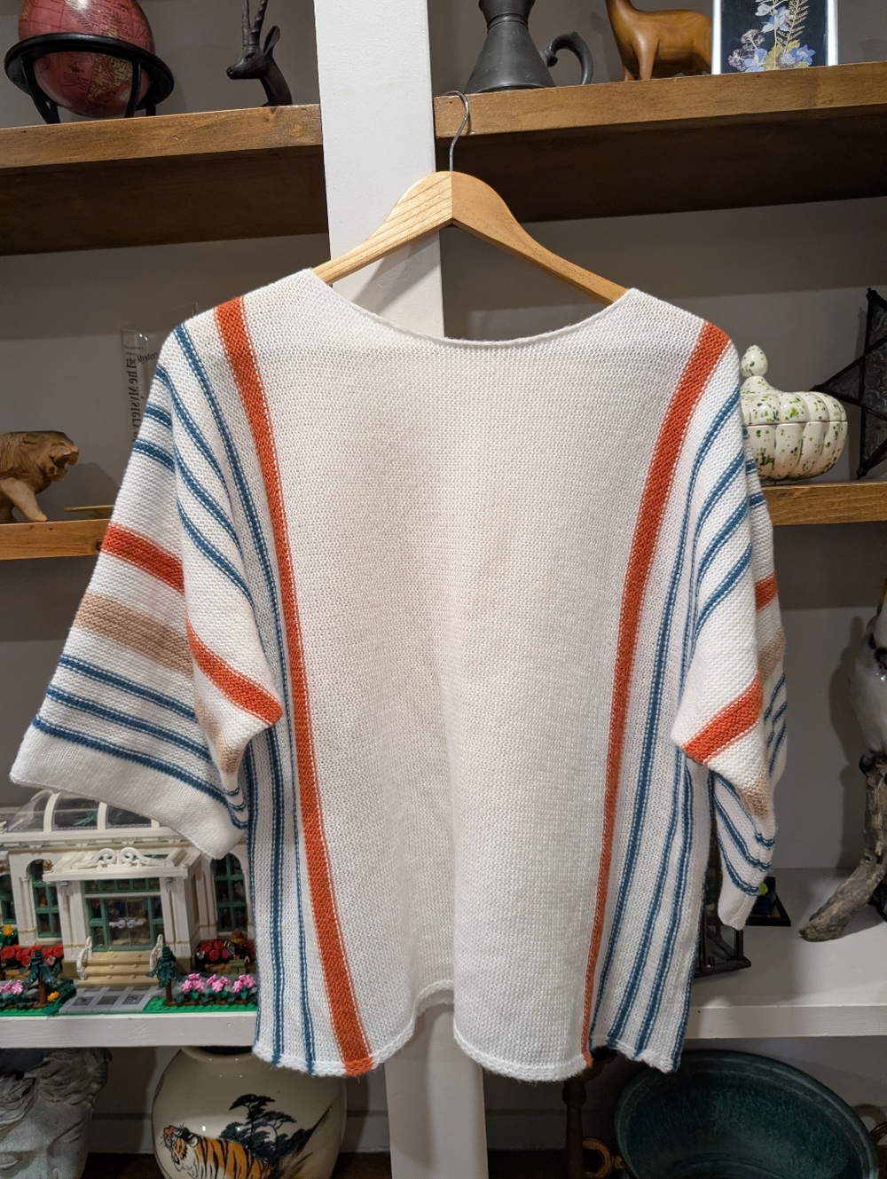 White Knit Striped Dolman Sleeve Sweater Size Large